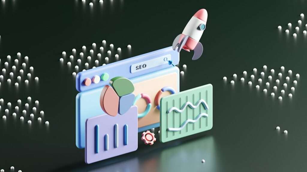 SEO Hannover - Eine 3D-Illustration digitaler Marketingkonzepte zeigt eine Rakete, die aus einem Browserfenster mit der Aufschrift „Google SEO“ startet, umgeben von grafischen Diagrammen und Zahnrädern. Sie steht vor einem dunklen Hintergrund, der mit kleinen, funkelnden Punkten übersät ist. Local SEO Agentur Hannover.