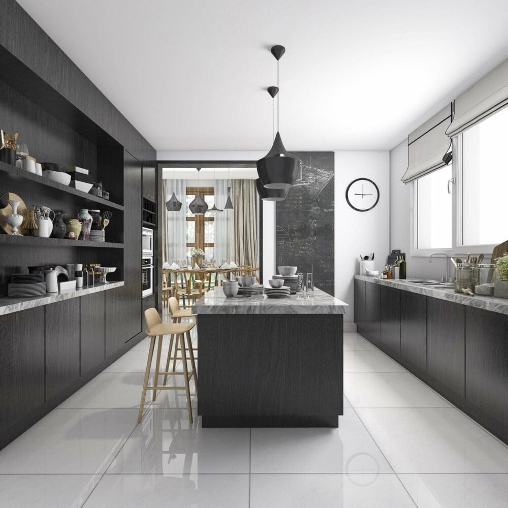 SEO Hannover - Diese moderne Küche, ideal für Immobilienfotografie, verfügt über dunkle Schränke und eine große Insel mit Marmorarbeitsplatte. Offene Regale präsentieren Küchenutensilien unter schicker Hängelampe, während der Essbereich dezent im Hintergrund sichtbar ist. Eine Wanduhr und ein großes Fenster sorgen für Licht und Funktionalität. Local SEO Agentur Hannover.