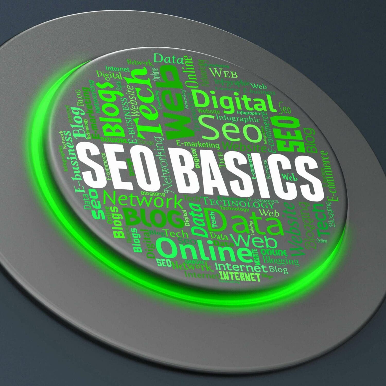 Webdesign Hannover - Eine kreisförmige Grafik mit den Worten „SEO Basics“ in fetten weißen Buchstaben in der Mitte. Der umgebende grüne Bereich mit der Aufschrift „SEO Grundlagen“ enthält verschiedene verwandte Wörter wie „Data“, „Tech“, „Web“ und „Online“, angeordnet in unterschiedlichen Größen und Ausrichtungen. Local SEO Agentur Hannover.