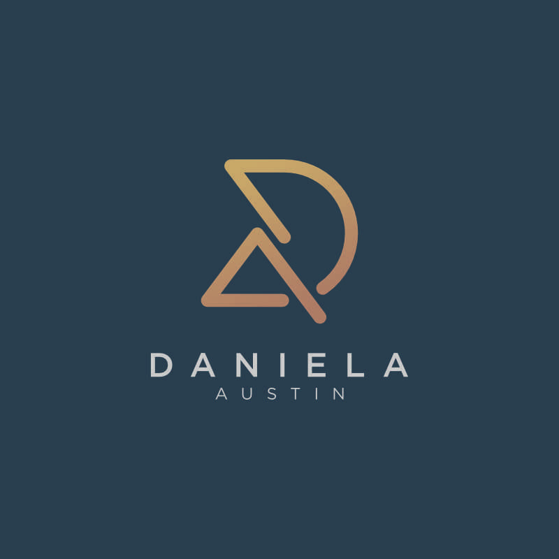 Webdesign Hannover - Auf einem dunkelblauen Hintergrund ist ein stilvolles Logo-Design mit einem goldenen Emblem aus den Buchstaben „D“ und „A“ zu sehen. Unter diesem Emblem steht „DANIELA“ in fetten weißen Großbuchstaben und „AUSTIN“ ist elegant kleiner darunter geschrieben. Local SEO Agentur Hannover.