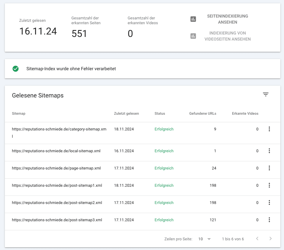 Webdesign Hannover - Screenshot einer Webseite mit einem XML-Sitemap-Bericht vom 16.11.24, der für SEO-Optimierung entscheidend ist. Er zeigt die Gesamtzahl der gelesenen und erkannten Seiten und enthält eine Fehlermeldung. Die Tabelle listet URLs, Daten des letzten Lesens, Statusaktualisierungen, erkannte Seiten und Videos auf. Local SEO Agentur Hannover.