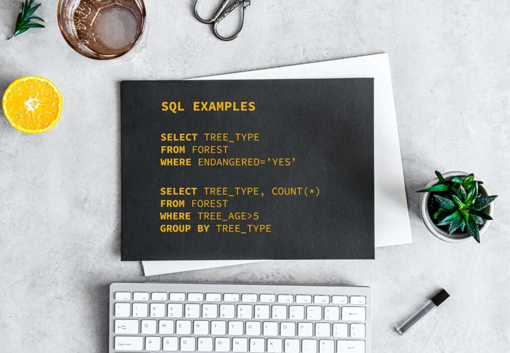 Webdesign Hannover - Ein Flatlay-Bild zeigt eine schwarze Karte mit MySQL-Beispielen in gelber Schrift auf einer grauen Oberfläche. Umliegende Elemente sind eine halbe Orange, ein Glas, eine Pflanze, ein Notizblock, eine Schere und eine weiße Tastatur. Local SEO Agentur Hannover.