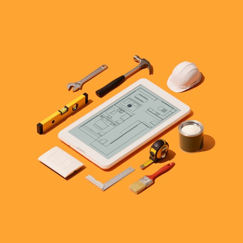 Webdesign Hannover - Eine flache Anordnung von Bauwerkzeugen, darunter ein Tablet mit einem geöffneten Grundriss zur Inspiration für Webdesign-Ideen, ein Schraubenschlüssel, ein Hammer, ein Schutzhelm, eine Wasserwaage, ein Maßband, eine Farbdose, ein Pinsel und ein Baumaßstab sind alle ordentlich auf einem orangefarbenen Hintergrund angeordnet. Local SEO Agentur Hannover.