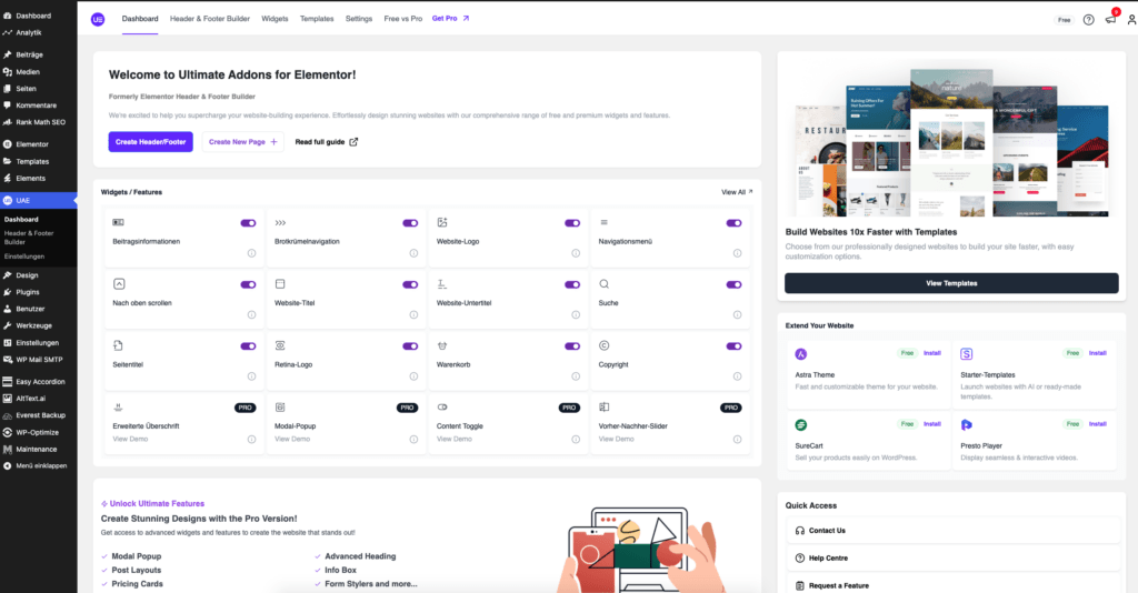 Webdesign Hannover - Screenshot des WordPress-Backend-Elementor-Dashboards mit Optionen für verschiedene Widgets und Funktionen wie Content Toggle und Hilfedokumente. Die Seite enthält eine Schaltfläche „Neue Seite erstellen“, eine Liste der Elementor-Add-Ons und ein Navigationsmenü auf der linken Seite. Local SEO Agentur Hannover.
