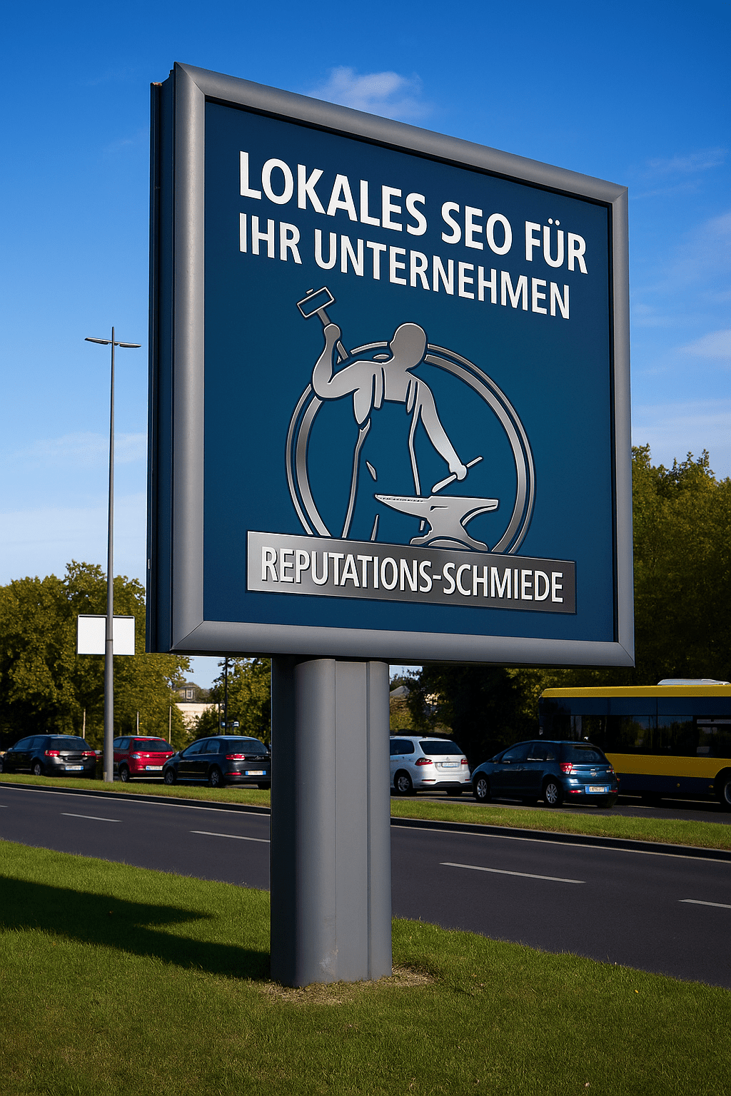 Webdesign Hannover - Eine große Werbetafel am Straßenrand, aufgenommen von einem Werbefotograf Hannover, zeigt das Logo einer Person, die auf einen Amboss hämmert, und den deutschen Text: „LOKALES SEO FÜR IHR UNTERNEHMEN, REPUTATIONS-SCHMIEDE.“ Im Hintergrund erscheinen Autos und Bäume. Local SEO Agentur Hannover.