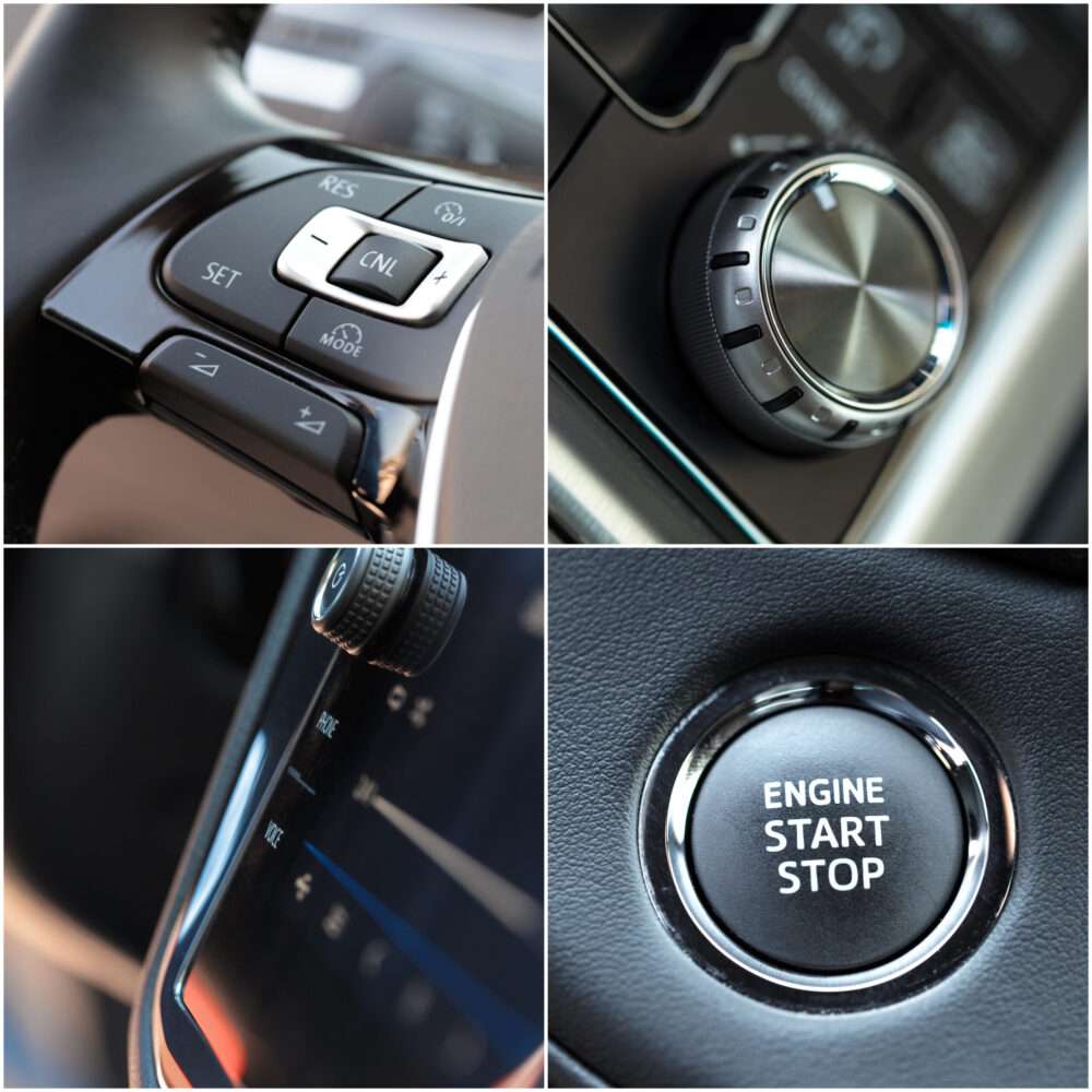 Webdesign Hannover - Eine Collage aus vier Nahaufnahmen, die die Bedienelemente eines Autos zeigen: ein Lenkrad mit Tempomattasten, einen Steuerknauf, einen Gangwahlschalter und einen runden Start-Stopp-Knopf – perfekte Bilder für alle, die Autohaus-Webseiten erstellen lassen möchten. Local SEO Agentur Hannover.