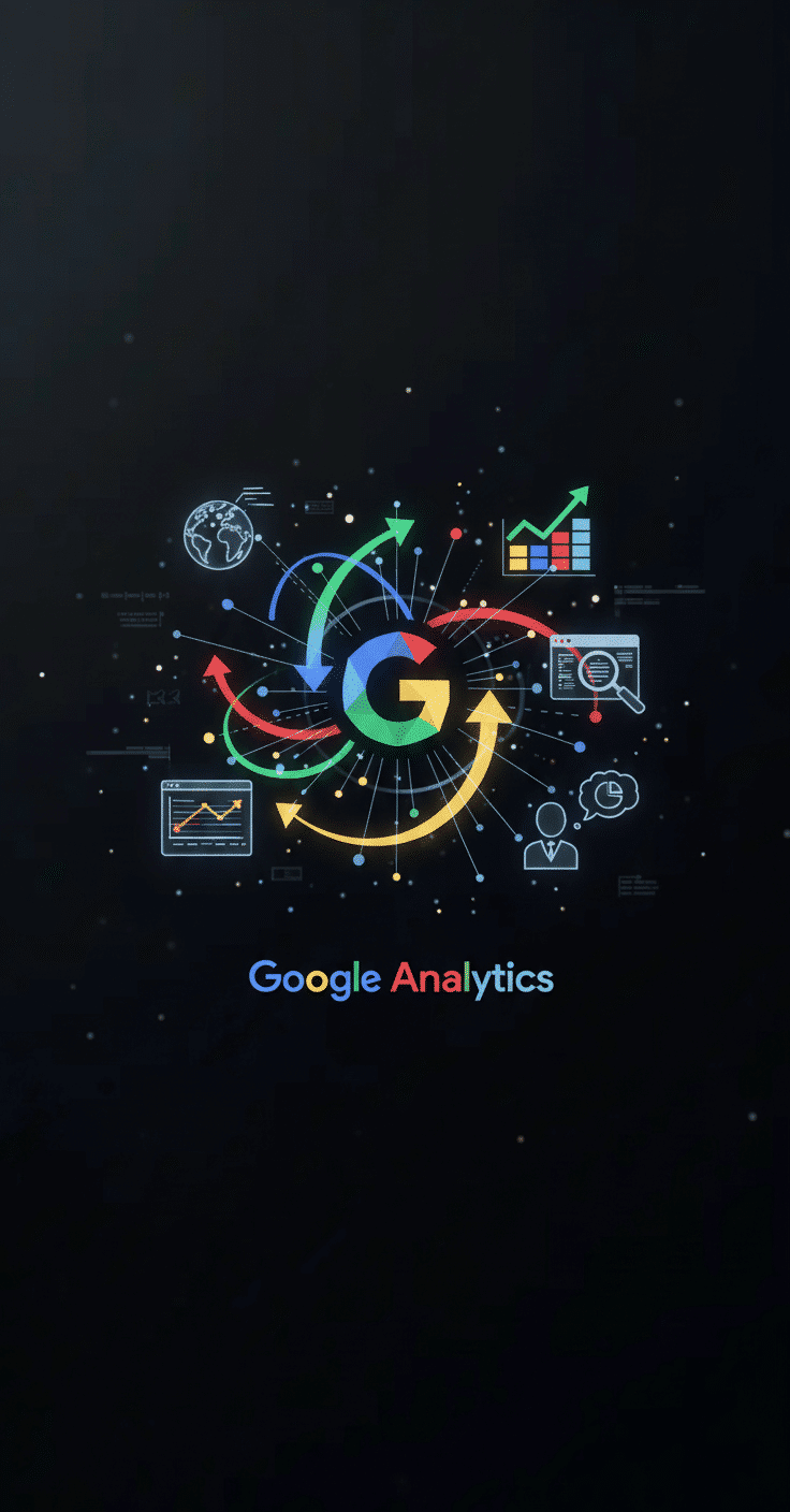 Webdesign Hannover - Google Analytics-Logo in der Mitte, umgeben von bunten Pfeilen, die nach außen zu verschiedenen analytikbezogenen Symbolen zeigen - Grafiken, Diagramme, ein Globus und Nutzerzahlen - auf dunklem Hintergrund. Darunter erscheint der Text "Google Analytics Agentur". Local SEO Agentur Hannover.