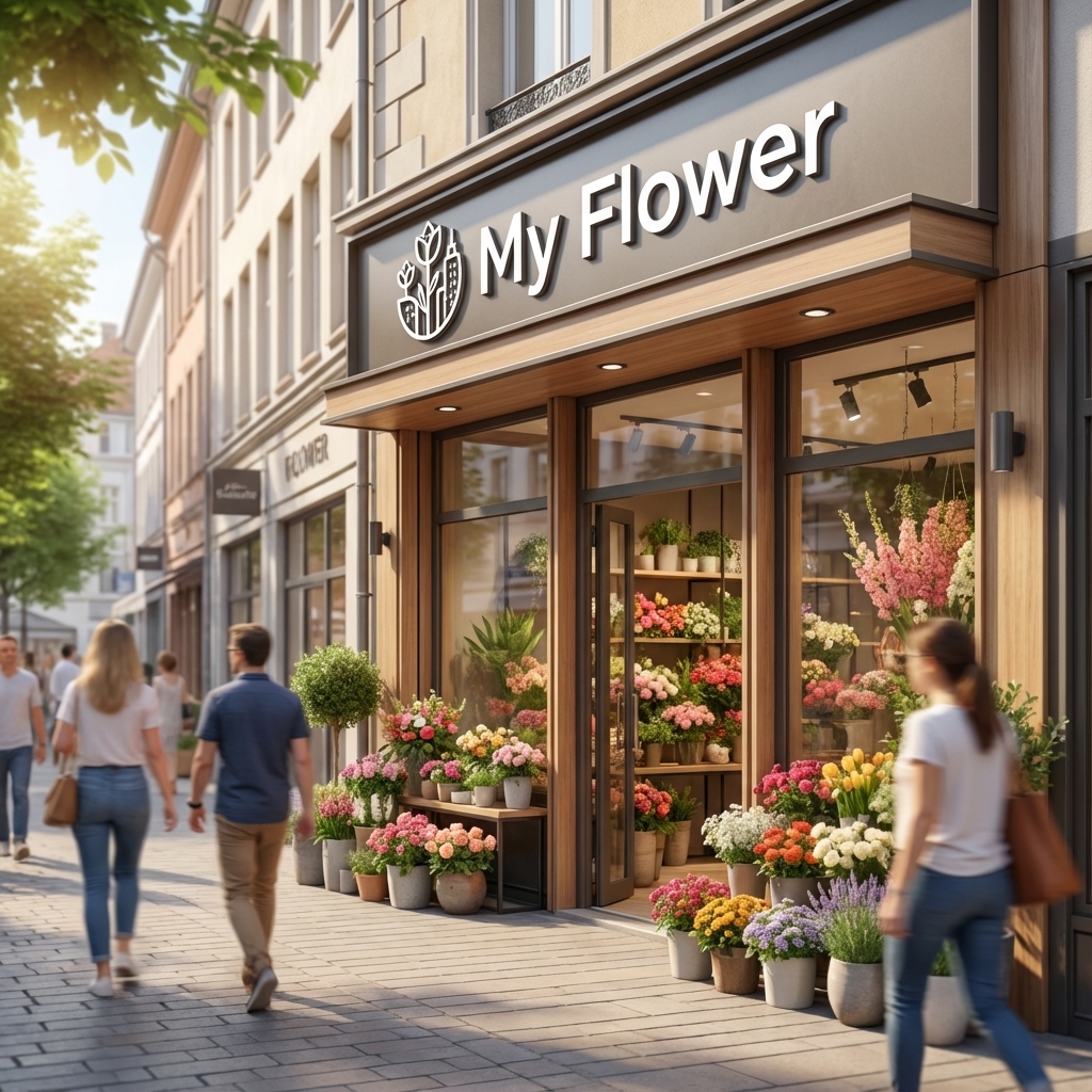 Webdesign Hannover - Ein Blumenladen mit dem Namen "My Flower" mit einer Vielzahl von bunten Blumen und Pflanzen außen und innen, mit einem einzigartigen Touch von einem Logo Designer Hannover, auf einer Straße in der Stadt mit Menschen, die vorbei gehen. Local SEO Agentur Hannover.