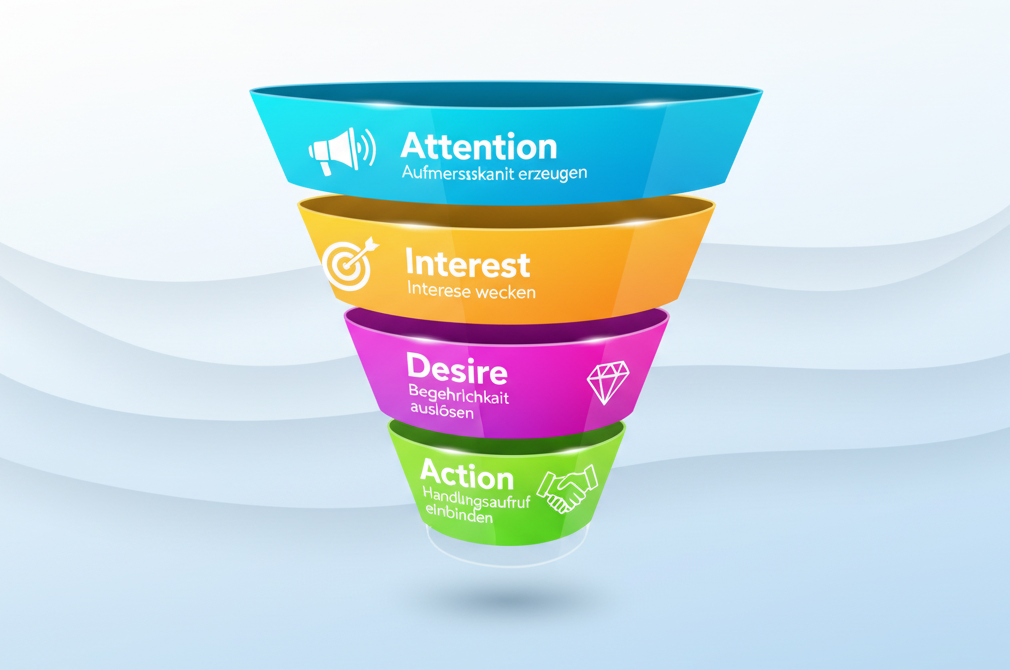 Webdesign Hannover - Eine farbenfrohe Trichtergrafik veranschaulicht das AIDA Modell Marketing mit vier beschrifteten Stufen: Aufmerksamkeit (blau), Interesse (orange), Verlangen (rosa) und Aktion (grün), jeweils mit Symbolen und deutschen Übersetzungen. Local SEO Agentur Hannover.