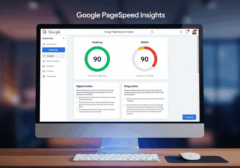 Webdesign Hannover - Auf einem Computermonitor wird die Google PageSpeed Optimierung angezeigt, die sowohl für den Desktop als auch für mobile Endgeräte Leistungswerte von 90 anzeigt. Unterhalb der Ergebnisse sind Abschnitte für Möglichkeiten und Diagnosen zu sehen. Local SEO Agentur Hannover.