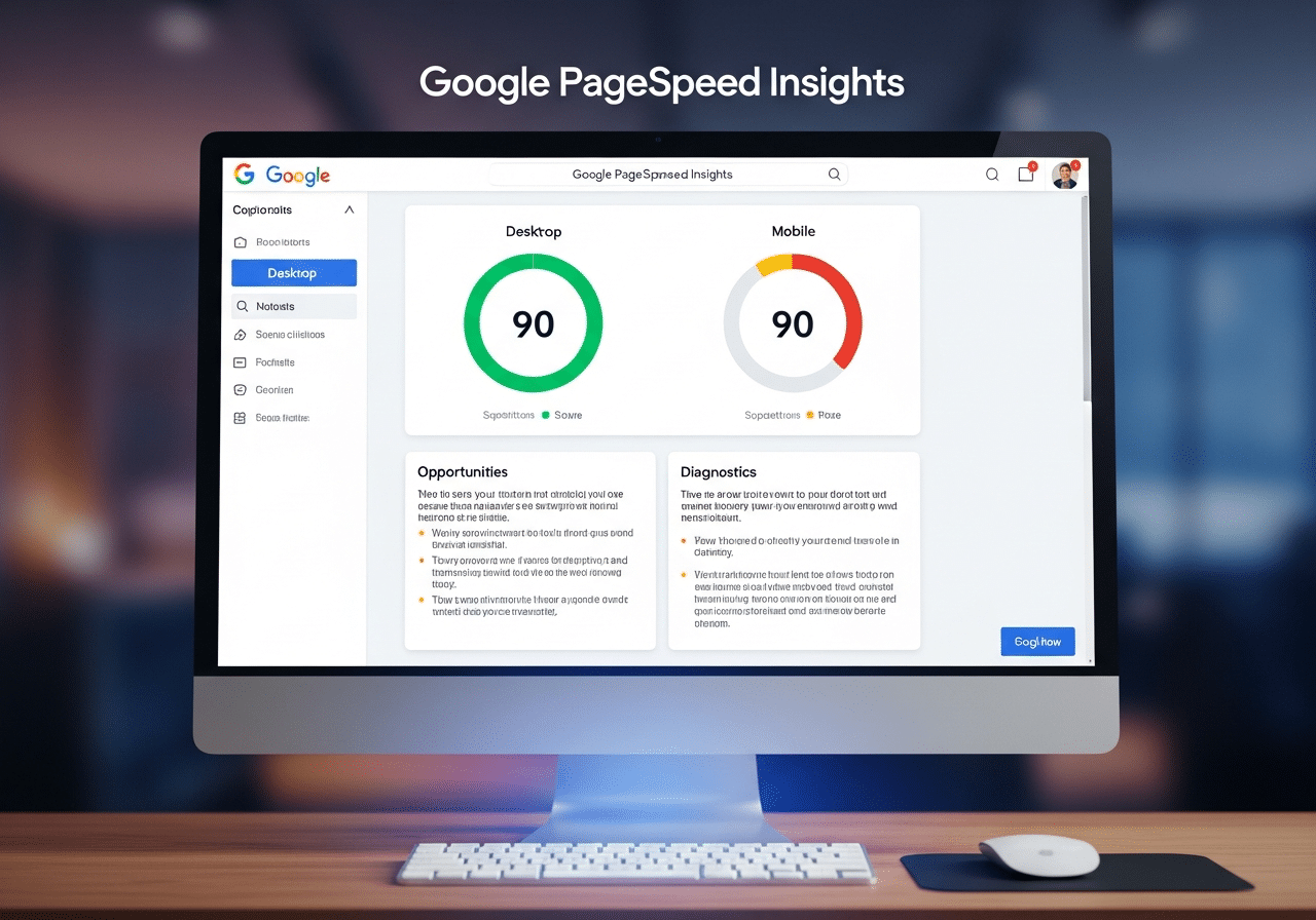 Webdesign Hannover - Auf einem Computermonitor wird die Google PageSpeed Optimierung angezeigt, die sowohl für den Desktop als auch für mobile Endgeräte Leistungswerte von 90 anzeigt. Unterhalb der Ergebnisse sind Abschnitte für Möglichkeiten und Diagnosen zu sehen. Local SEO Agentur Hannover.