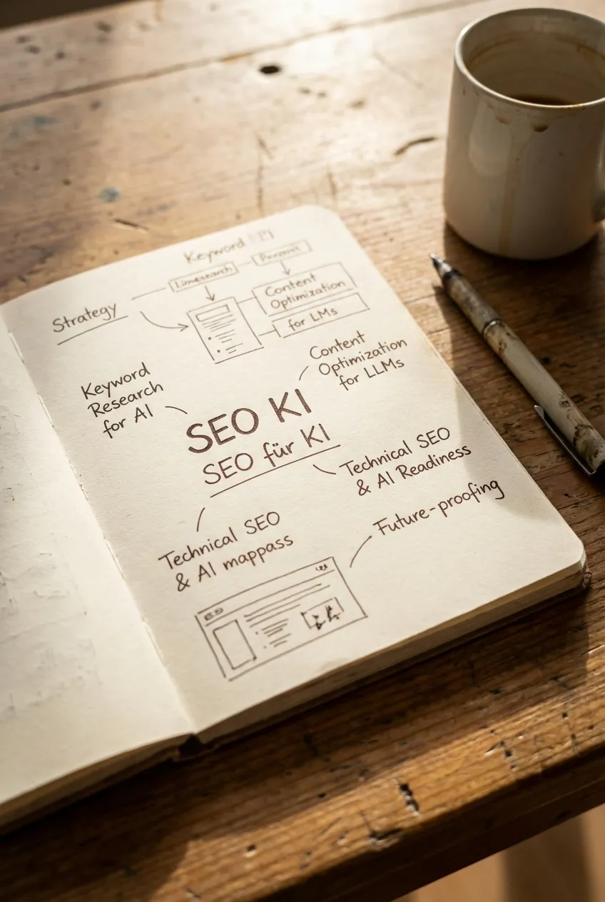 Webdesign Hannover - Ein aufgeschlagenes Notizbuch auf einem Holztisch mit handschriftlichen Notizen und Diagrammen zum Thema SEO, mit Stichworten wie "Strategie", "GEO SEO" und "Inhaltsoptimierung". Ein Stift und eine Tasse Kaffee stehen daneben. Local SEO Agentur Hannover.