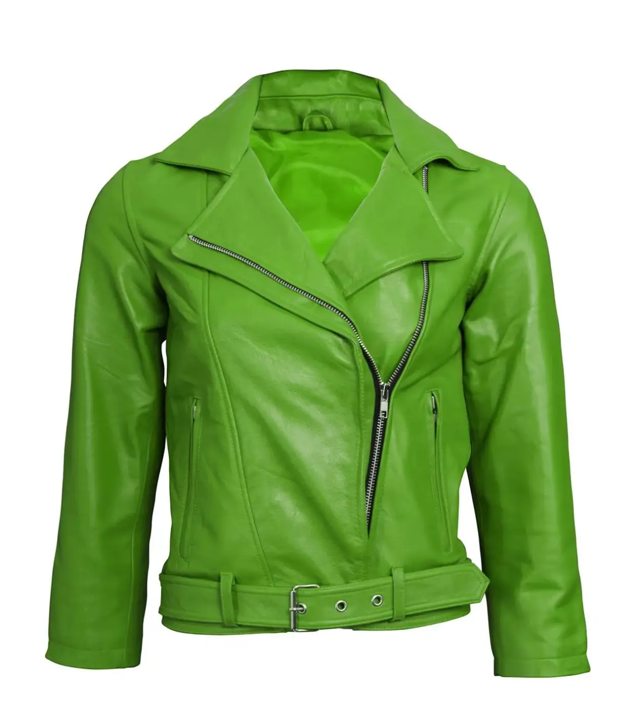 Webdesign Hannover - Eine leuchtend grüne Bikerjacke aus Kunstleder mit langen Ärmeln, einem asymmetrischen Frontreißverschluss, breiten Aufschlägen und einem Gürtel in der Taille wird mit einer Hohlmann-Fotografie auf einem schlichten weißen Hintergrund in Szene gesetzt. Local SEO Agentur Hannover.
