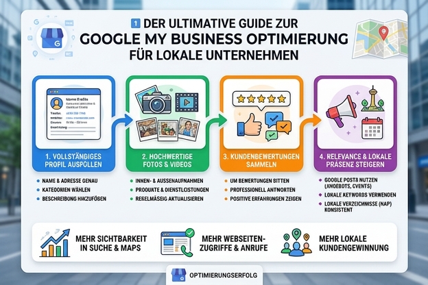 Webdesign Hannover - Infografik mit dem Titel „Der ultimative Leitfaden zur Google My Business-Optimierung für lokale Unternehmen“ mit vier illustrierten Schritten zur Verbesserung von Unternehmensprofilen, darunter das Ausfüllen von Profilen, das Hinzufügen von Fotos, das Sammeln von Bewertungen und die Steigerung der Relevanz. Local SEO Agentur Hannover.